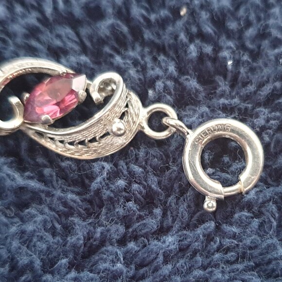 Rare Vintage Filigree Sterling Purple Rhinestone Crystal Art Nouveau Bracelet - Picture 7 of 15